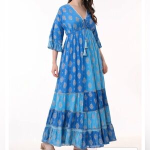 26413 Boho Maxi Dress with Gold Foil Print – Summer Resort Dress w POCKETS